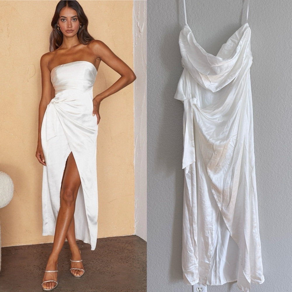 Selfie Leslie White Strapless Satin Draped Midi Dress with Side Tie